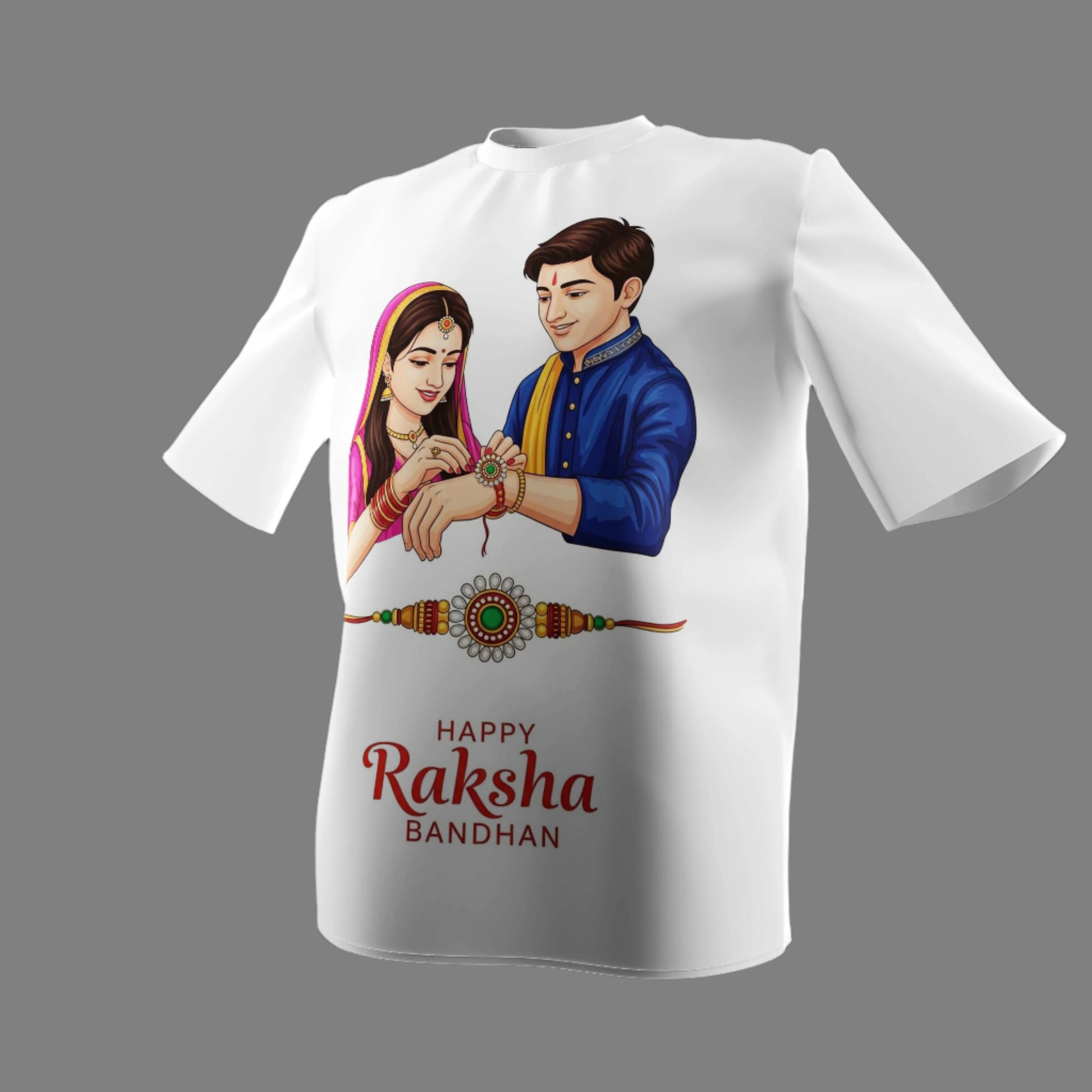 White t-shirt with illustration of a couple and 'Happy Raksha Bandhan' text on a white background